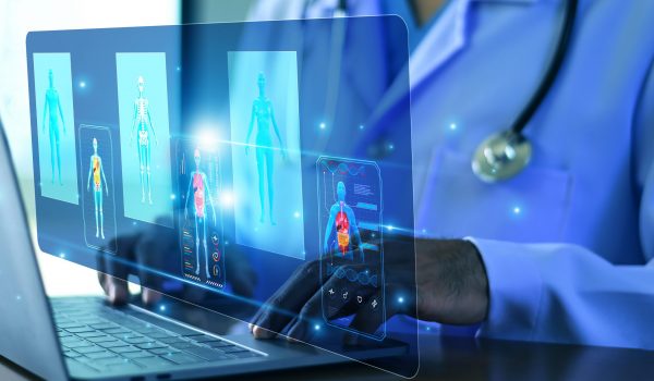 Doctor using AI Technology for Medical Data Analysis and Sustainable Healthcare to detect health risks early and enhance preventive care and improve long term patient outcomes.
