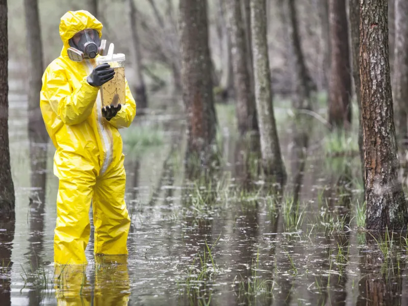 technician in protective coveralls taking  sample of water in plastic  container in floods contaminated area