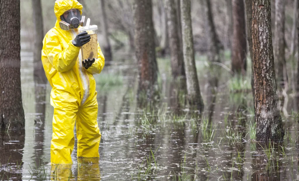 technician in protective coveralls taking sample of water in plastic container in floods contaminated area technician in protective coveralls taking sample of water in plastic container in floods contaminated area